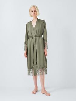 John Lewis Satin Lace Trim Dressing Gown, Khaki, Khaki