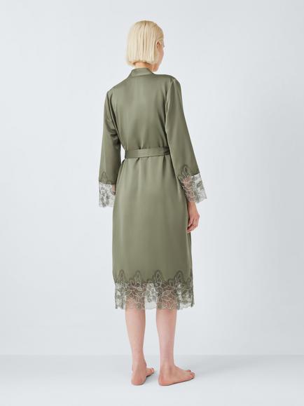 John Lewis Satin Lace Trim Dressing Gown, Khaki - view 2, Khaki