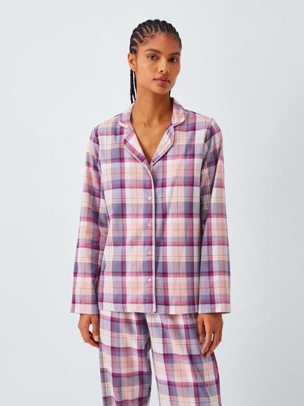 John Lewis Check Brushed Cotton Long Pyjama Set, Purple Sage, Purple Sage