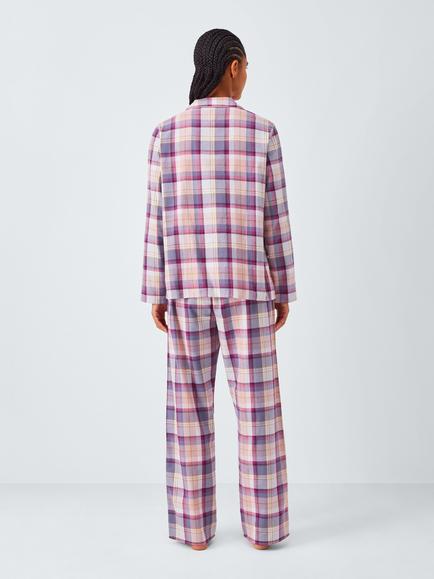 John Lewis Check Brushed Cotton Long Pyjama Set, Purple Sage - view 2, Purple Sage