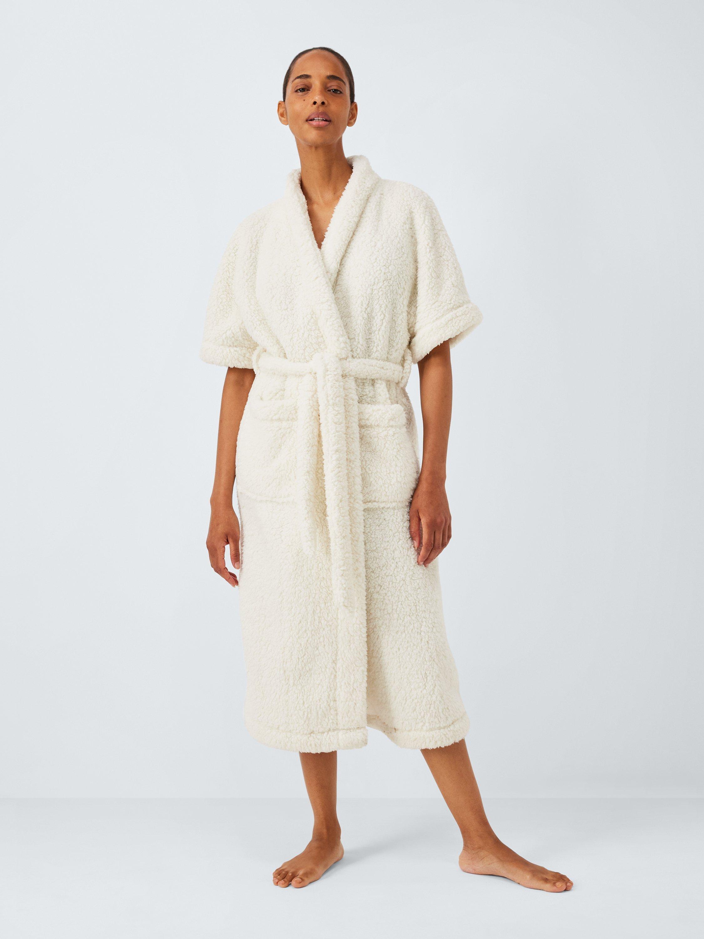 Product image 1 of 6, which shows John Lewis 1/2 Sleeve Borg Dressing Gown, Ivory, S