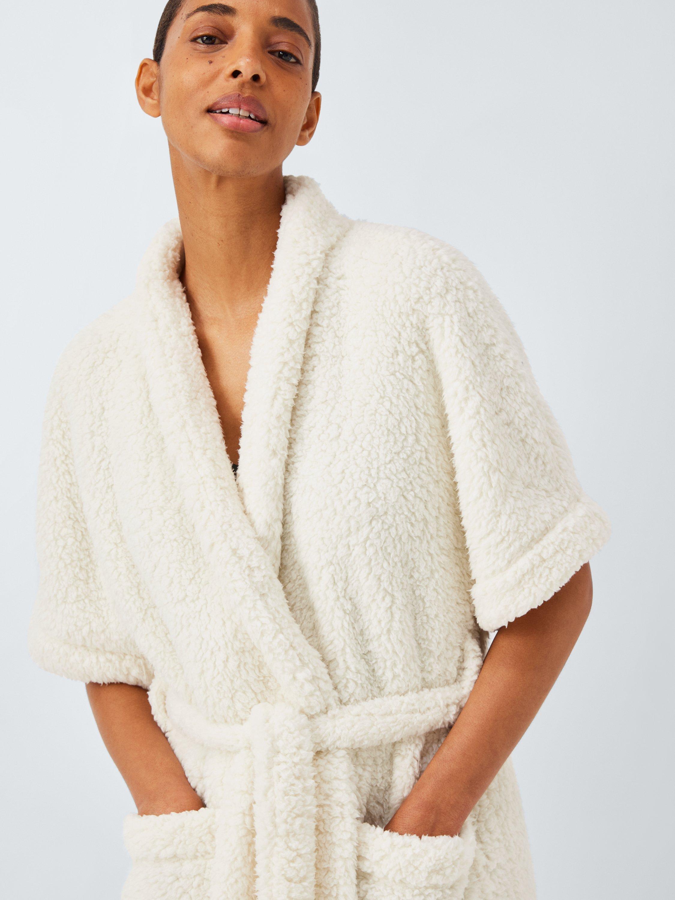 Product image 5 of 6, which shows John Lewis 1/2 Sleeve Borg Dressing Gown, Ivory, S