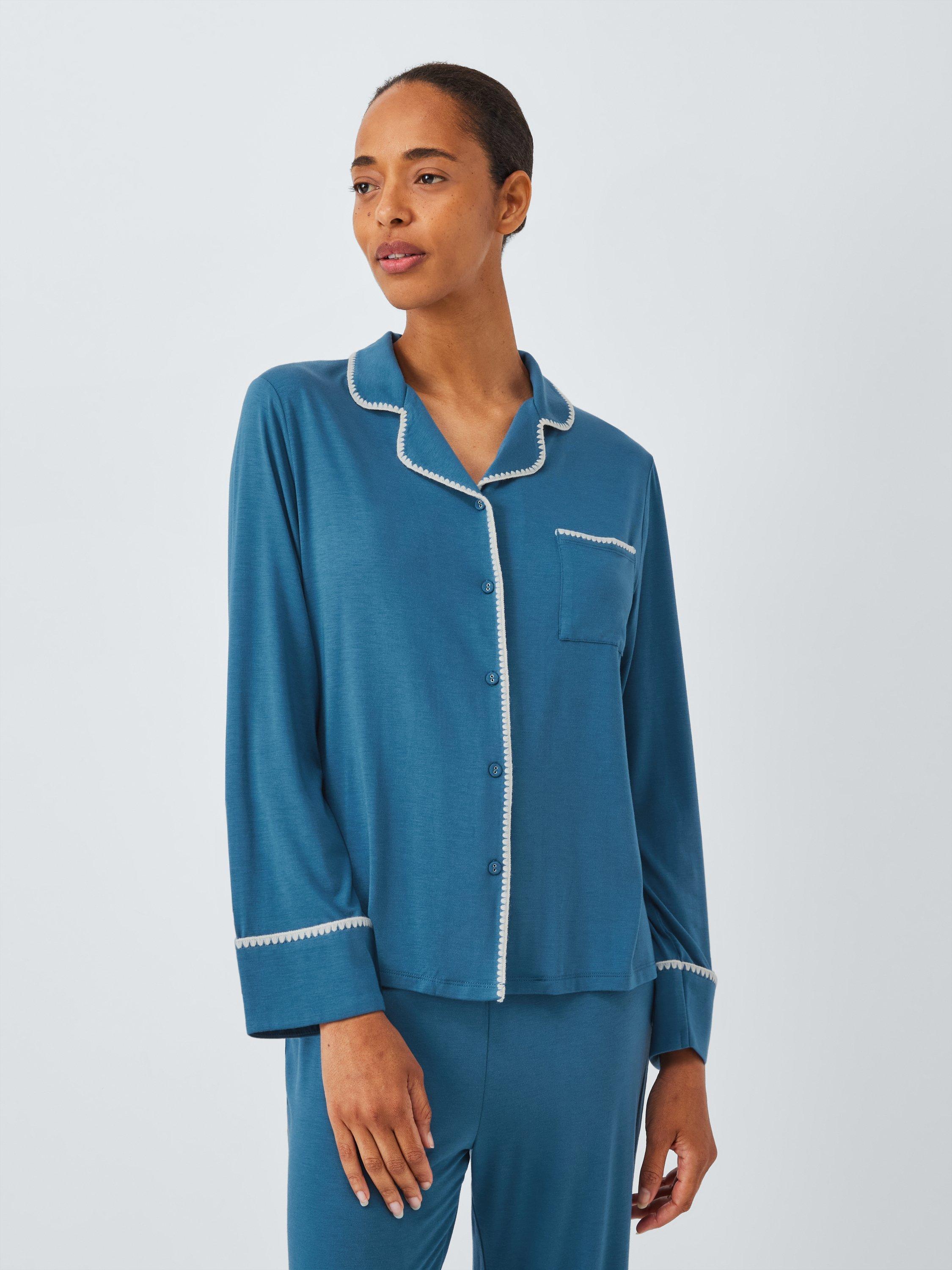 Product image 1 of 5, which shows John Lewis Blanket Stitch Long Pyjama Set containing TENCEL™ Modal, Dark Blue, 10