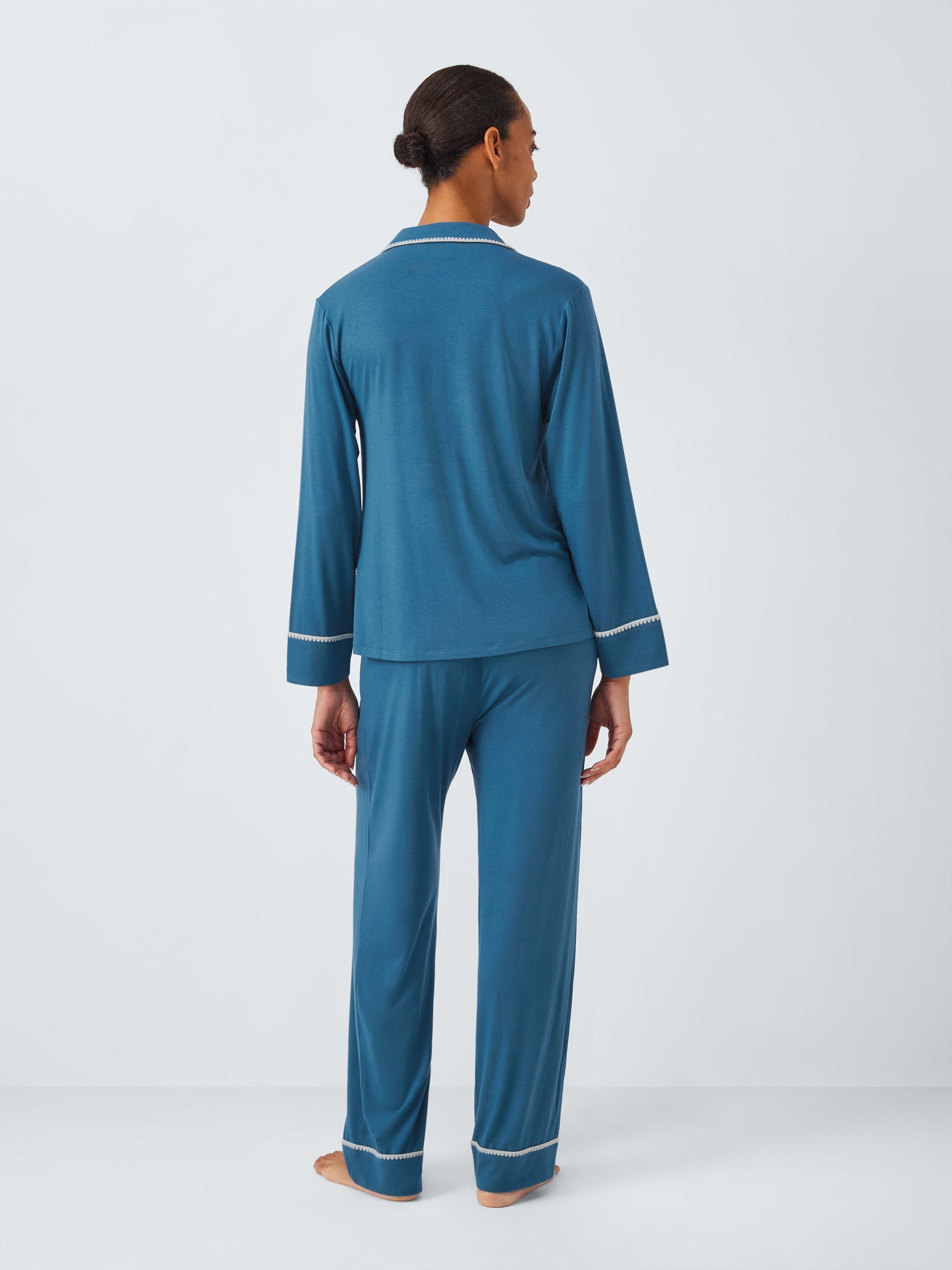 Product image 2 of 5, which shows John Lewis Blanket Stitch Long Pyjama Set containing TENCEL™ Modal, Dark Blue, 10