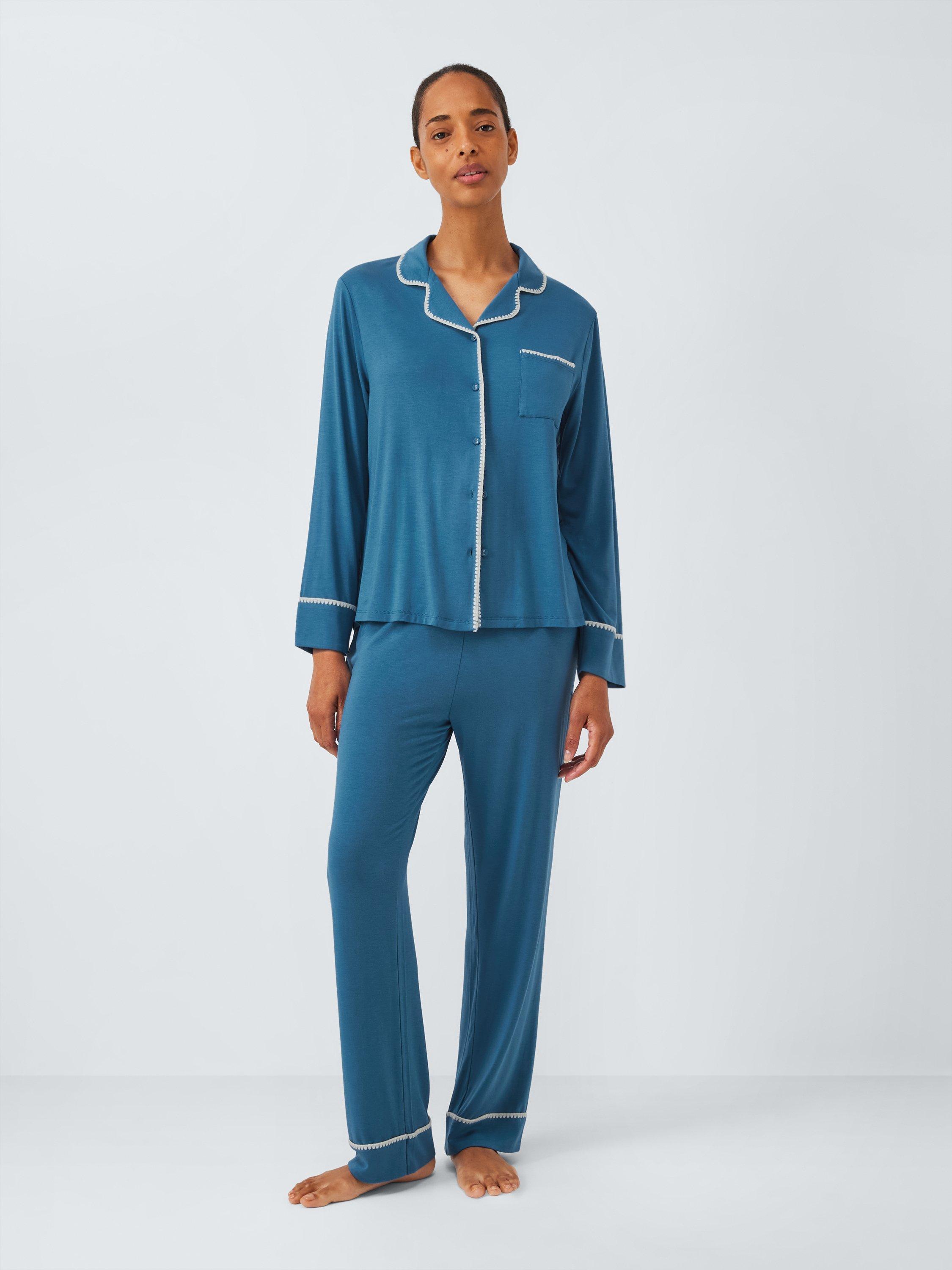 Product image 3 of 5, which shows John Lewis Blanket Stitch Long Pyjama Set containing TENCEL™ Modal, Dark Blue, 10