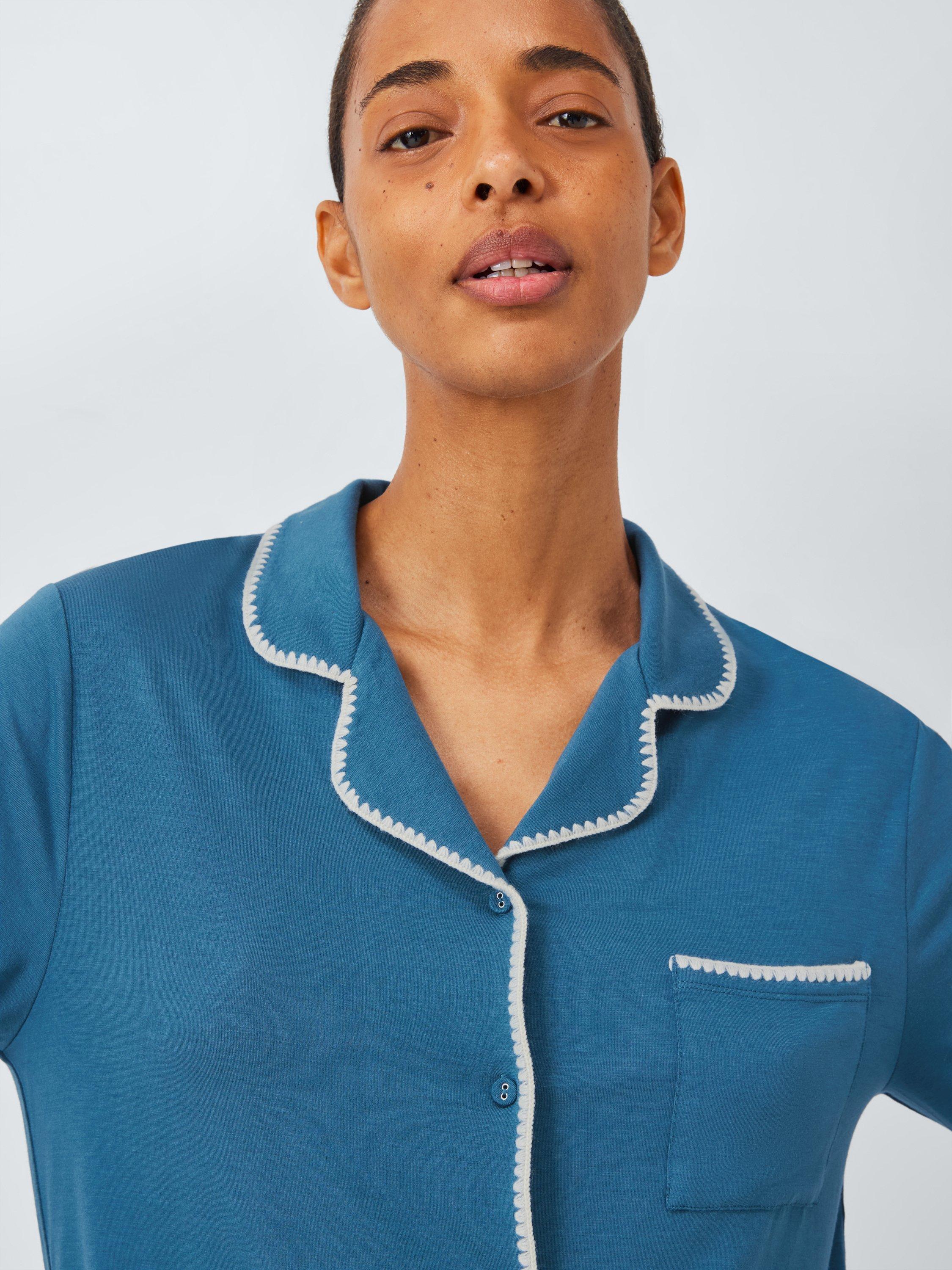 Product image 5 of 5, which shows John Lewis Blanket Stitch Long Pyjama Set containing TENCEL™ Modal, Dark Blue, 10