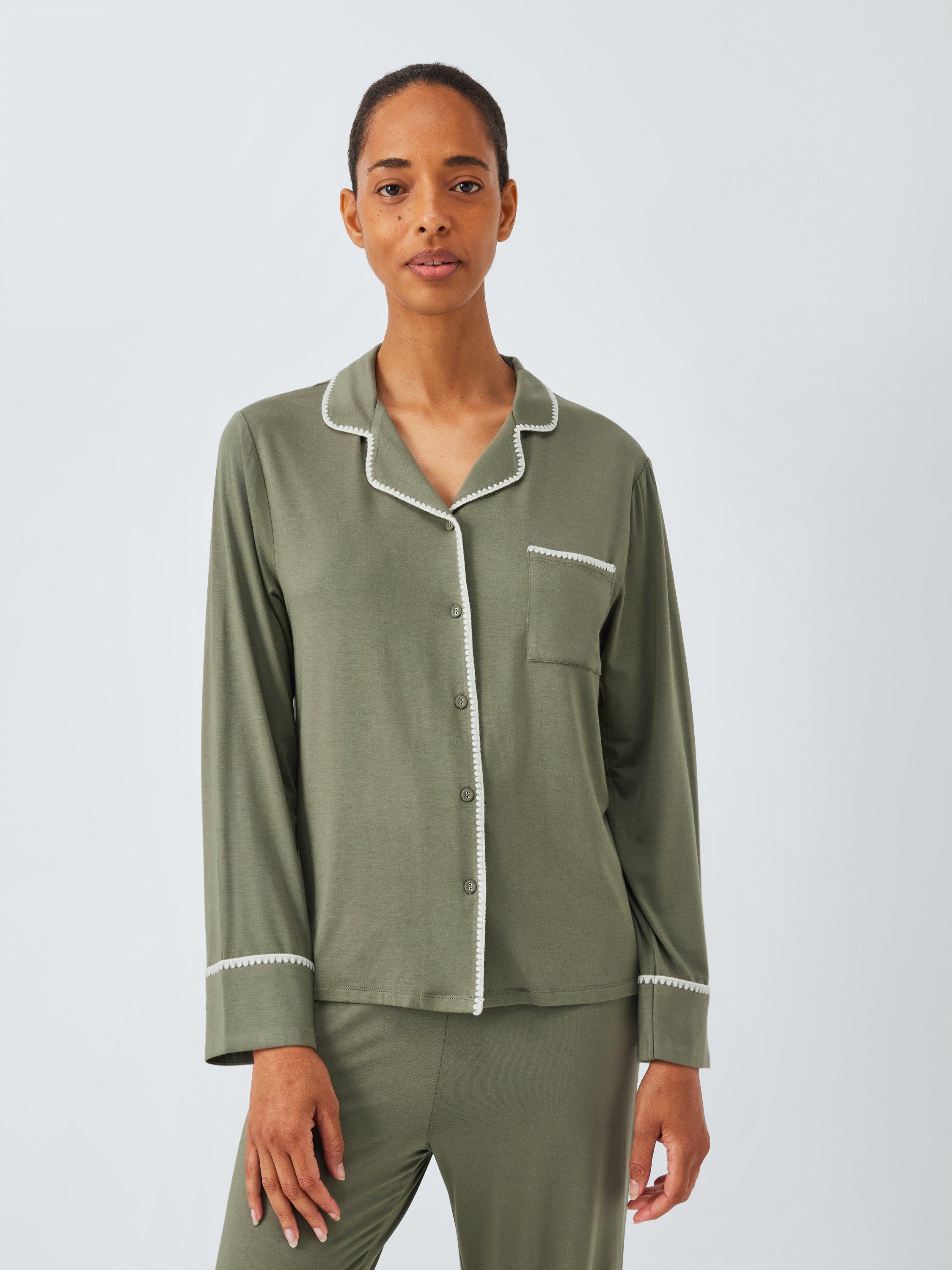 Product image 1 of 6, which shows John Lewis Blanket Stitch Long Pyjama Set containing TENCEL™ Modal, Khaki, 16