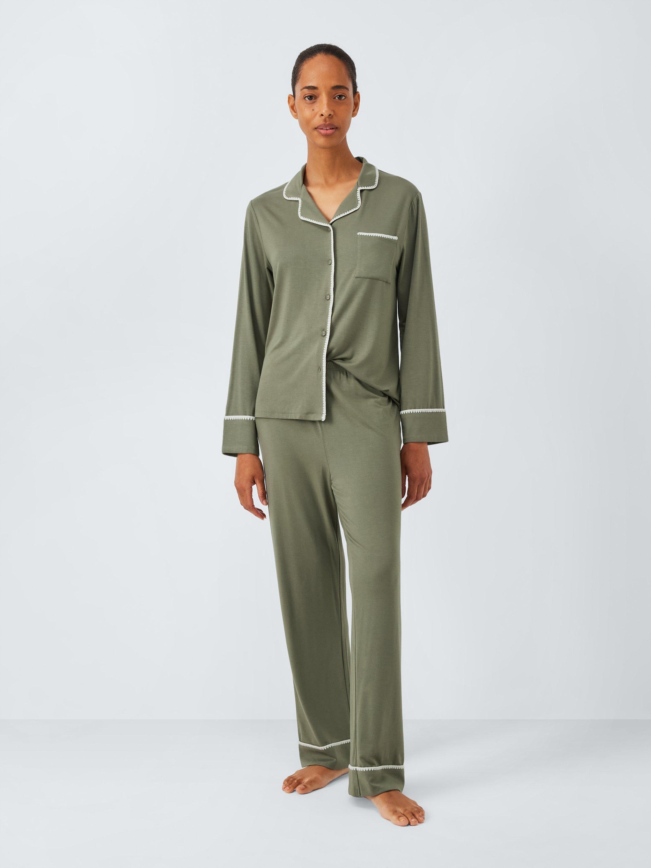 Product image 3 of 6, which shows John Lewis Blanket Stitch Long Pyjama Set containing TENCEL™ Modal, Khaki, 16