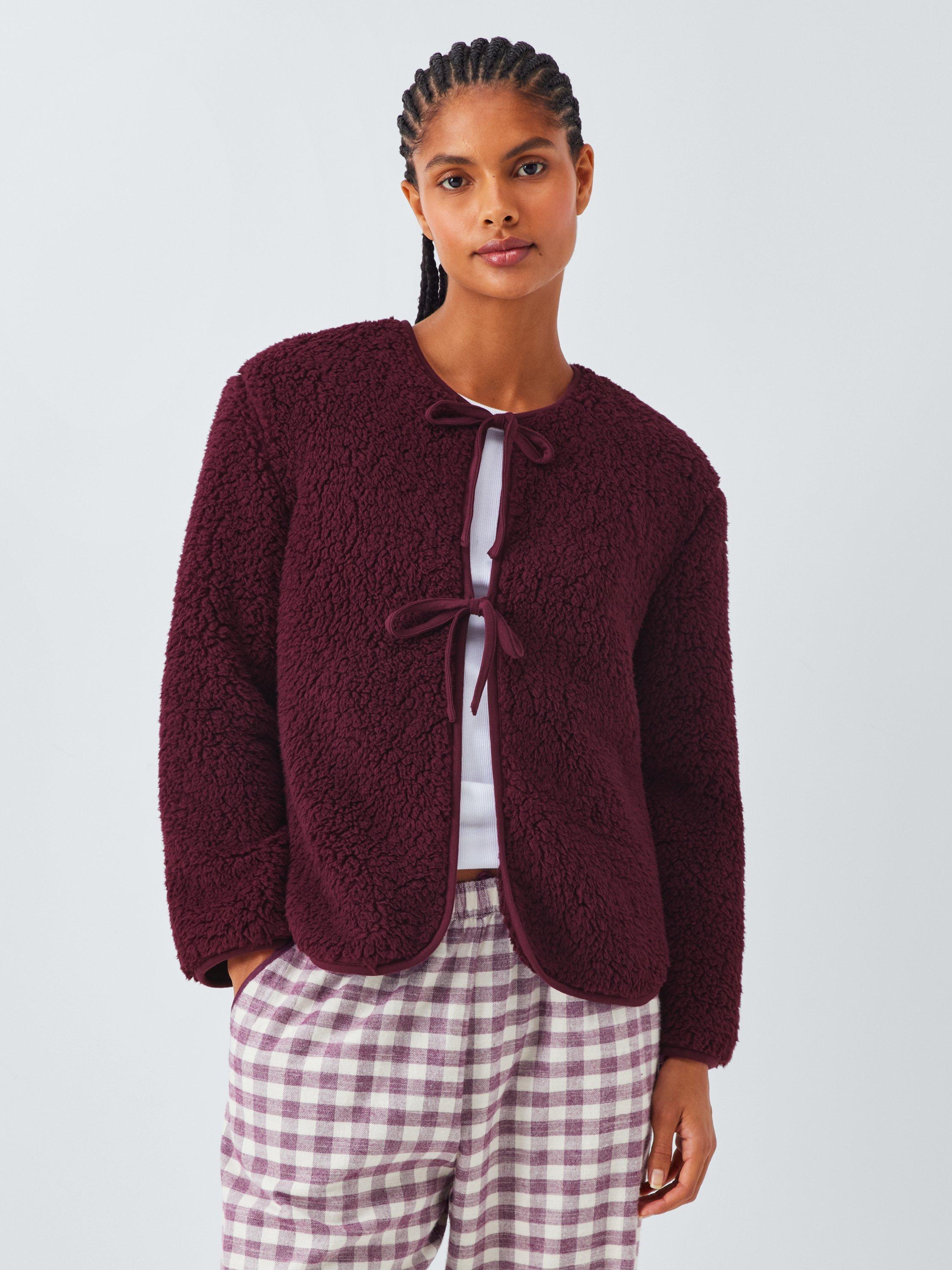 Product image 1 of 6, which shows John Lewis Borg Tie Front Lounge Top, Fig, S