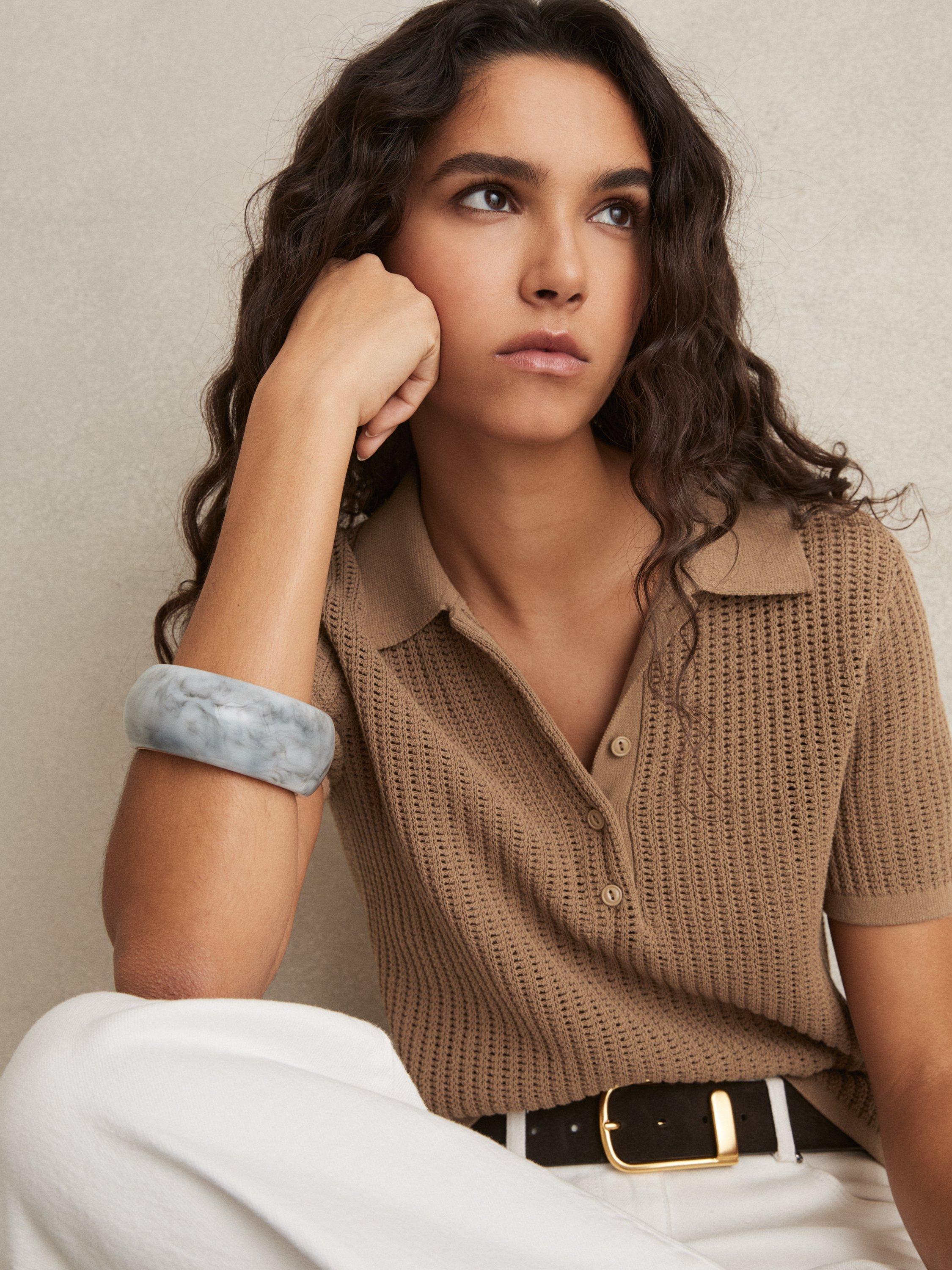 Product image 1 of 5, which shows Reiss Evi Stitch Polo Shirt, Tan, XS