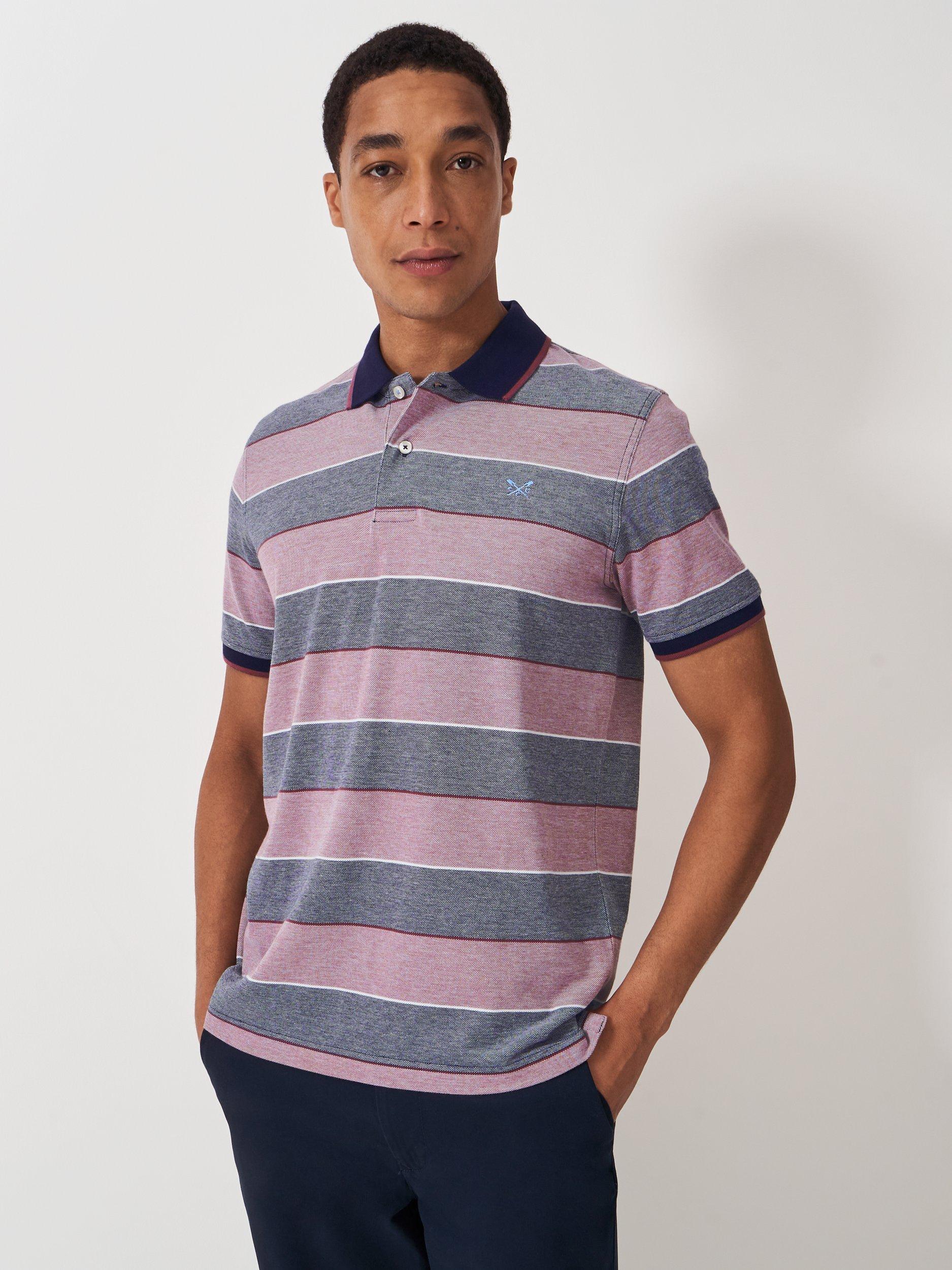 Product image 1 of 5, which shows Crew Clothing Oxford Cotton Stripe Polo Shirt, Pastel Pink/Multi, XS