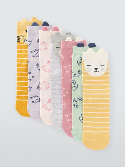 John Lewis Kids' Animal Face Ankle Socks, Pack of 7, Multi, Multi