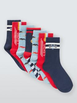 John Lewis Kids' Racing Car Ankle Socks, Pack of 7, Blue, Blue