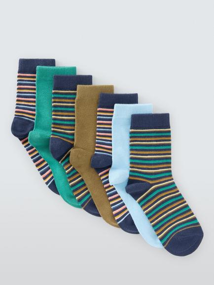 John Lewis Kids' Stripe Ankle Socks, Pack of 7, Blue, Blue