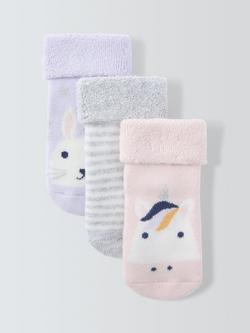 John Lewis Baby Organic Rich Cotton Stripe/Rabbit/Unicorn Roll Top Socks, Multi, Multi
