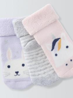 John Lewis Baby Organic Rich Cotton Stripe/Rabbit/Unicorn Roll Top Socks, Multi - view 2, Multi