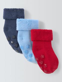 John Lewis Baby Roll Top Organic Terry Cotton Rich Socks, Pack of 3, Blue/Red Mix, Blue