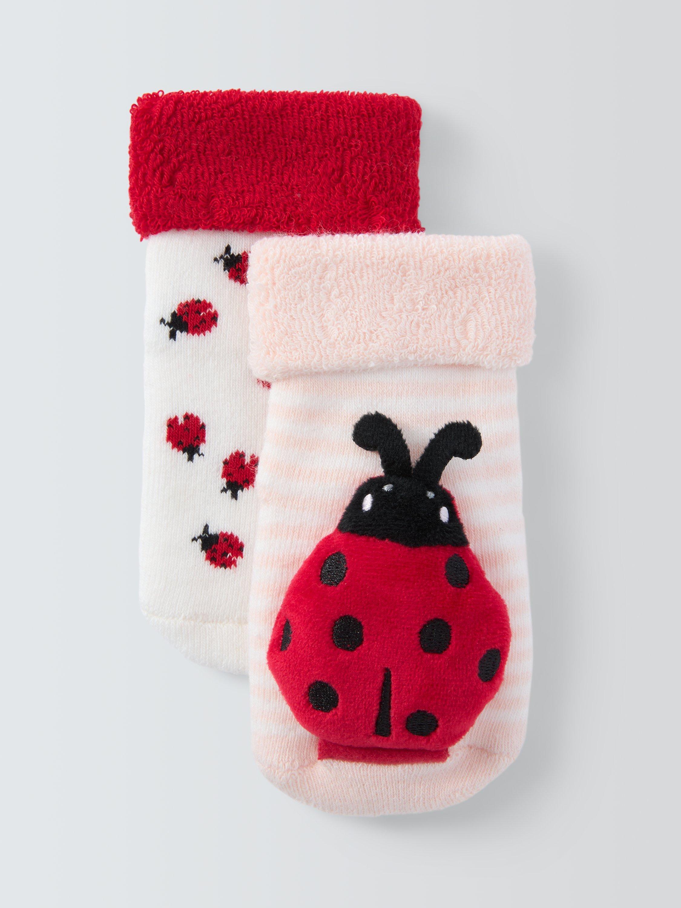 Product image 1 of 2, which shows John Lewis Baby Ladybug Rattle Socks, Pink, 0-3 months