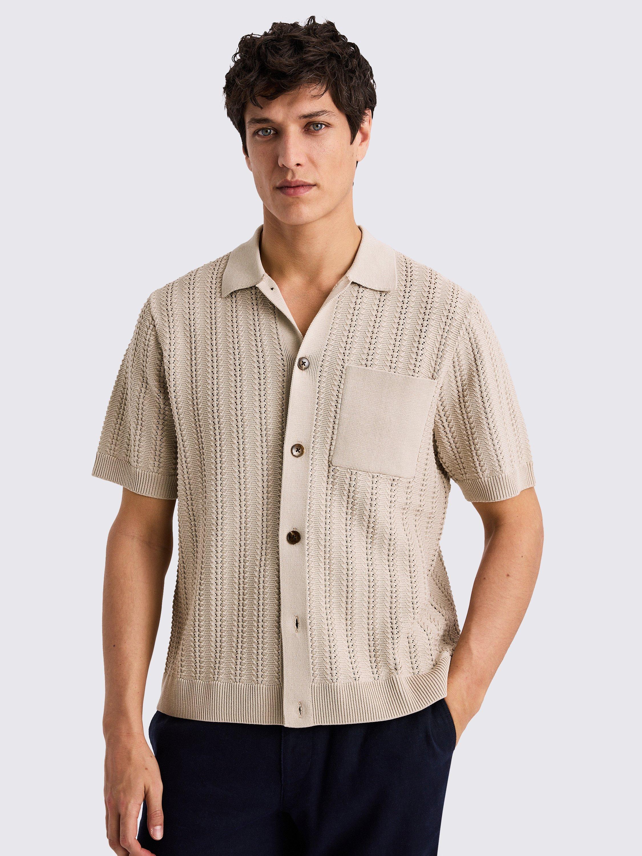 Moss Cotton Blend Chevron Pointelle Knitted T-Shirt, Beige