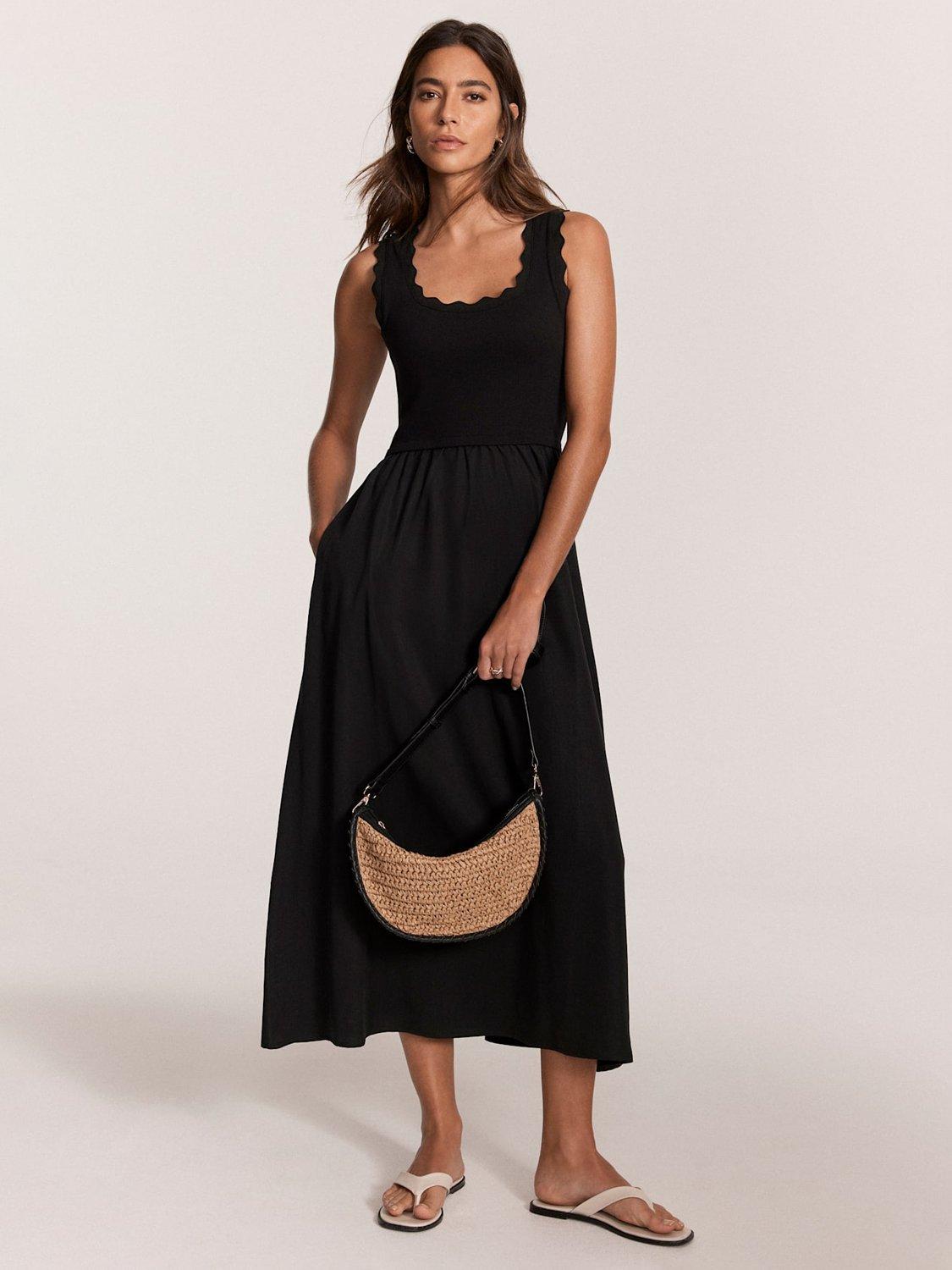 Product image 1 of 7, which shows Mint Velvet Scallop Trim Midi Dress, Black, L