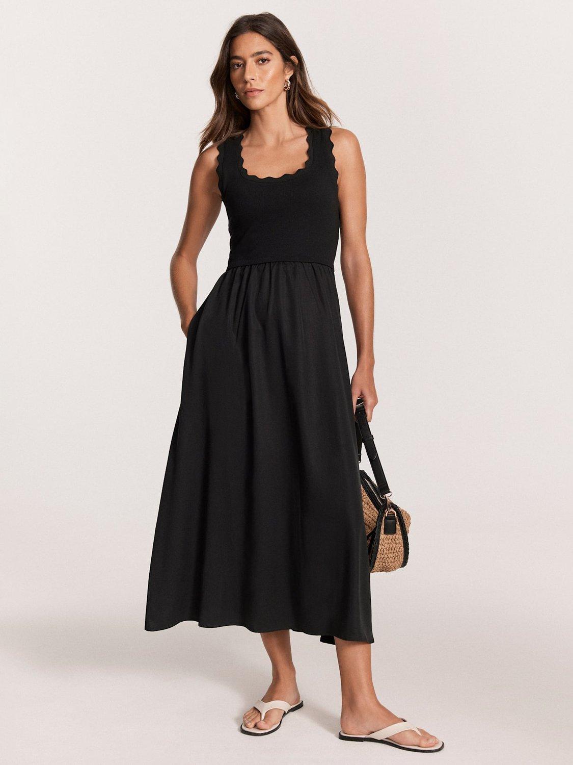 Product image 2 of 7, which shows Mint Velvet Scallop Trim Midi Dress, Black, L
