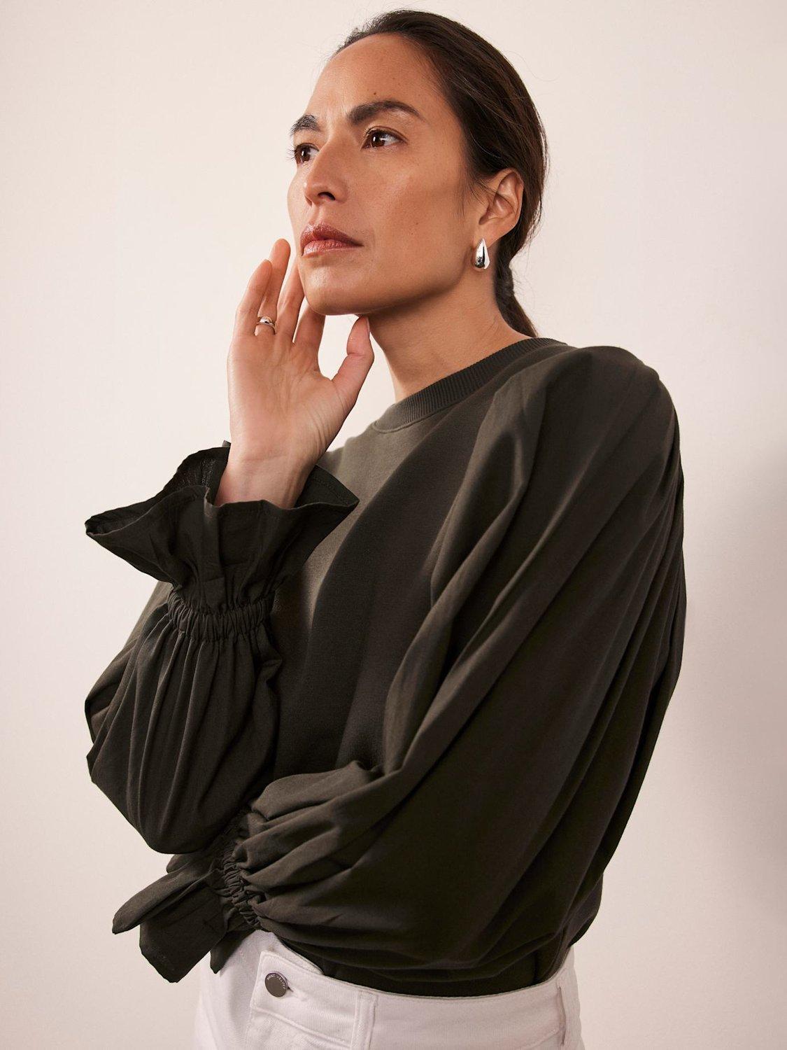 Product image 2 of 7, which shows Mint Velvet Fluted Sleeve Sweatshirt, Khaki Green, L