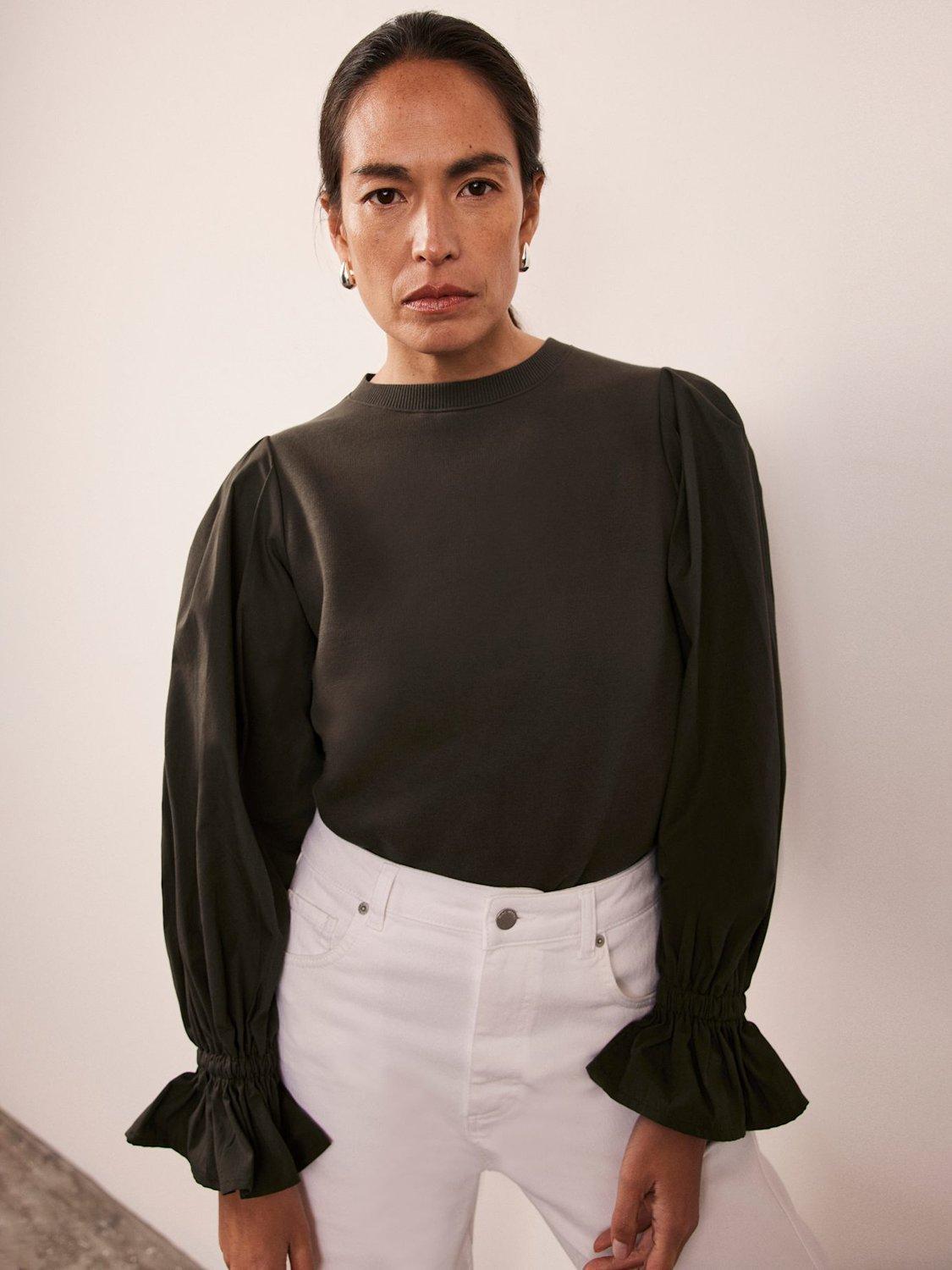 Product image 3 of 7, which shows Mint Velvet Fluted Sleeve Sweatshirt, Khaki Green, L