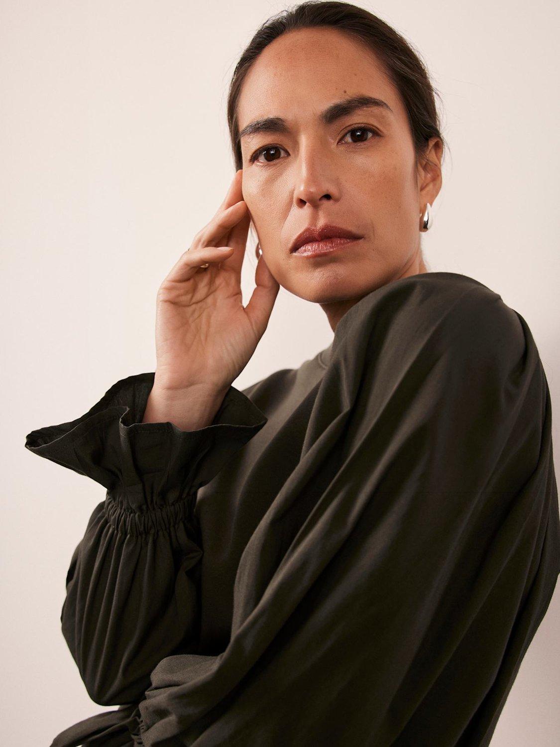 Product image 5 of 7, which shows Mint Velvet Fluted Sleeve Sweatshirt, Khaki Green, L