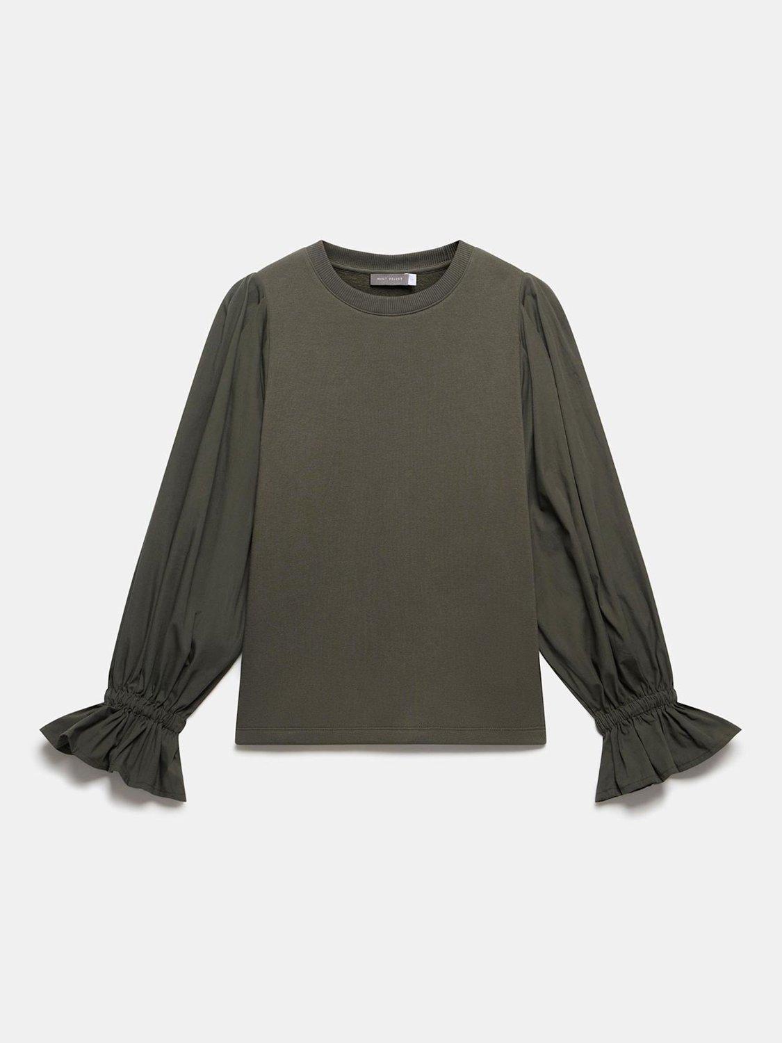 Product image 6 of 7, which shows Mint Velvet Fluted Sleeve Sweatshirt, Khaki Green, L