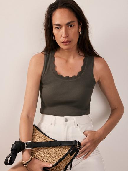 Mint Velvet Scallop Trim Vest Top, Khaki, Khaki