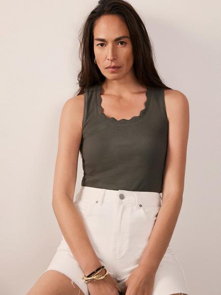 Mint Velvet Scallop Trim Vest Top, Khaki - view 2, Khaki