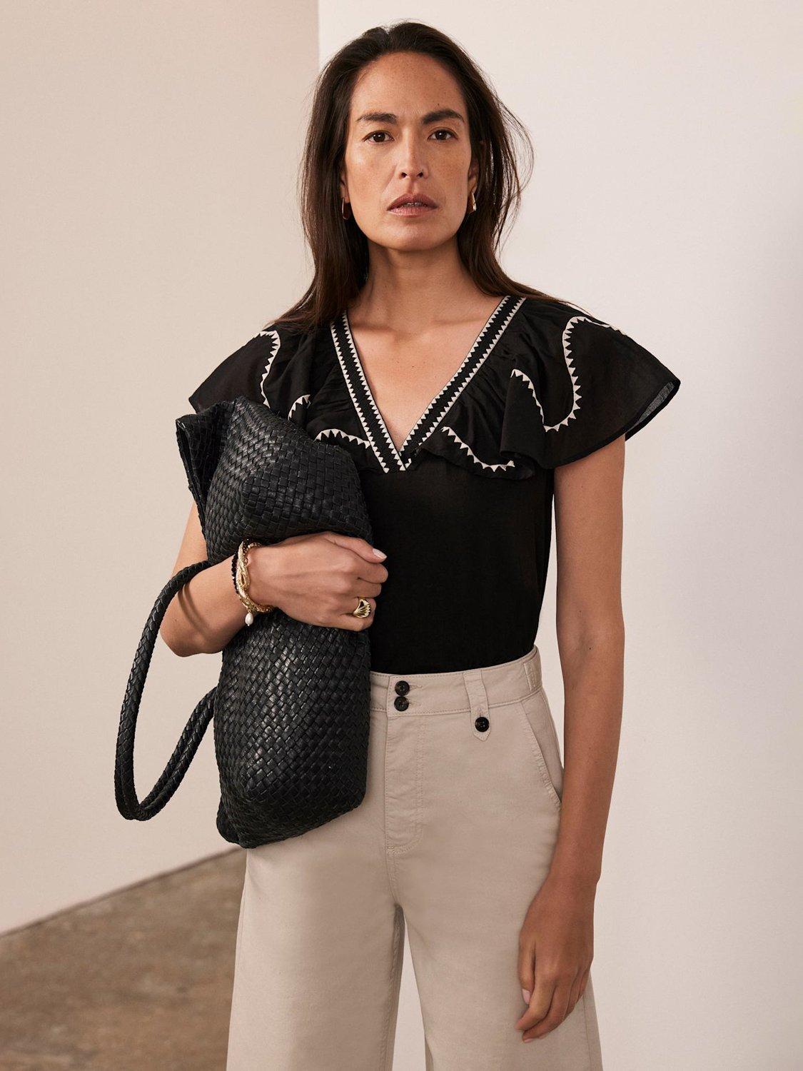 Product image 1 of 8, which shows Mint Velvet Contrast Embroidered Top, Black, XS