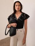 Mint Velvet Contrast Embroidered Top, Black