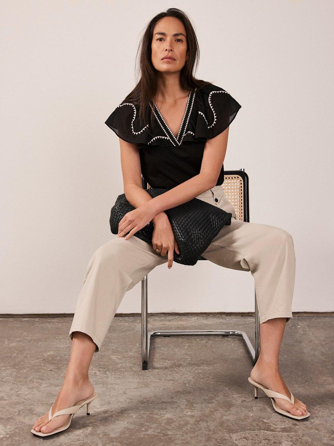 Product image 2 of 8, which shows Mint Velvet Contrast Embroidered Top, Black, XS