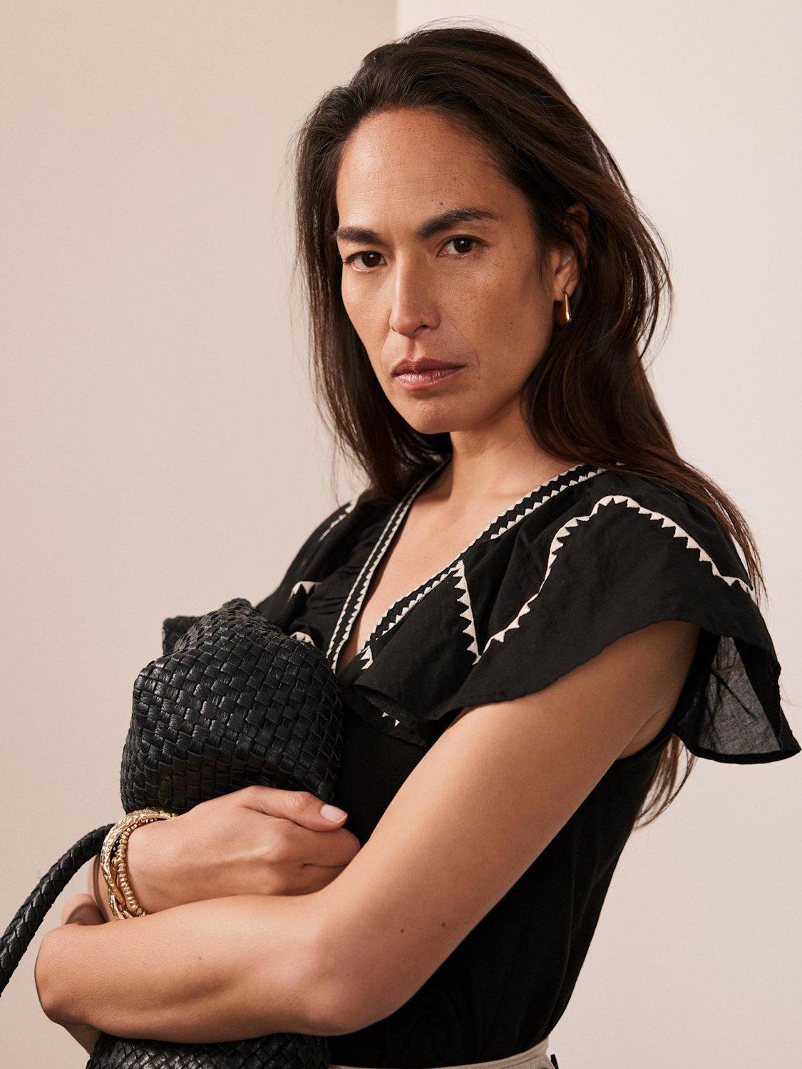 Product image 4 of 8, which shows Mint Velvet Contrast Embroidered Top, Black, XS
