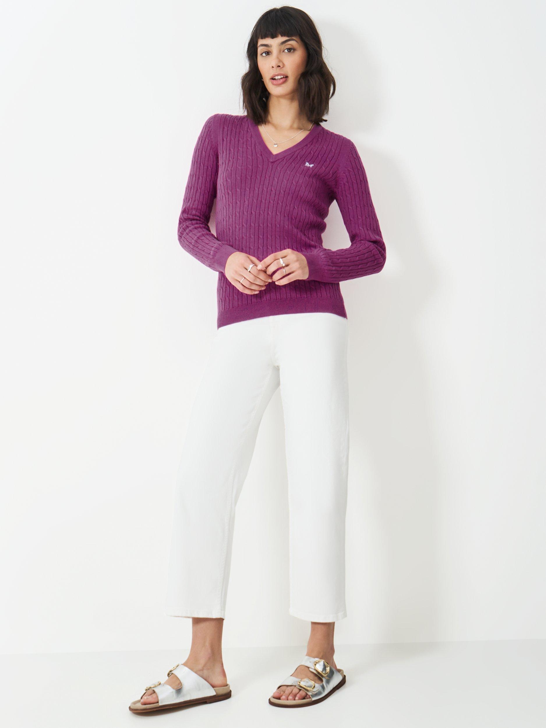 Product image 2 of 5, which shows Crew Clothing Cotton Cashmere V-Neck Cable Jumper, Red Wine, 6