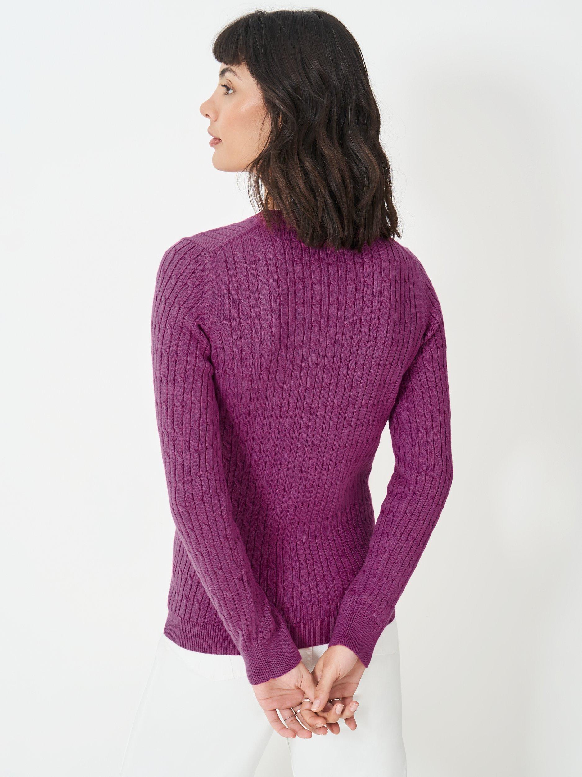 Product image 3 of 5, which shows Crew Clothing Cotton Cashmere V-Neck Cable Jumper, Red Wine, 6