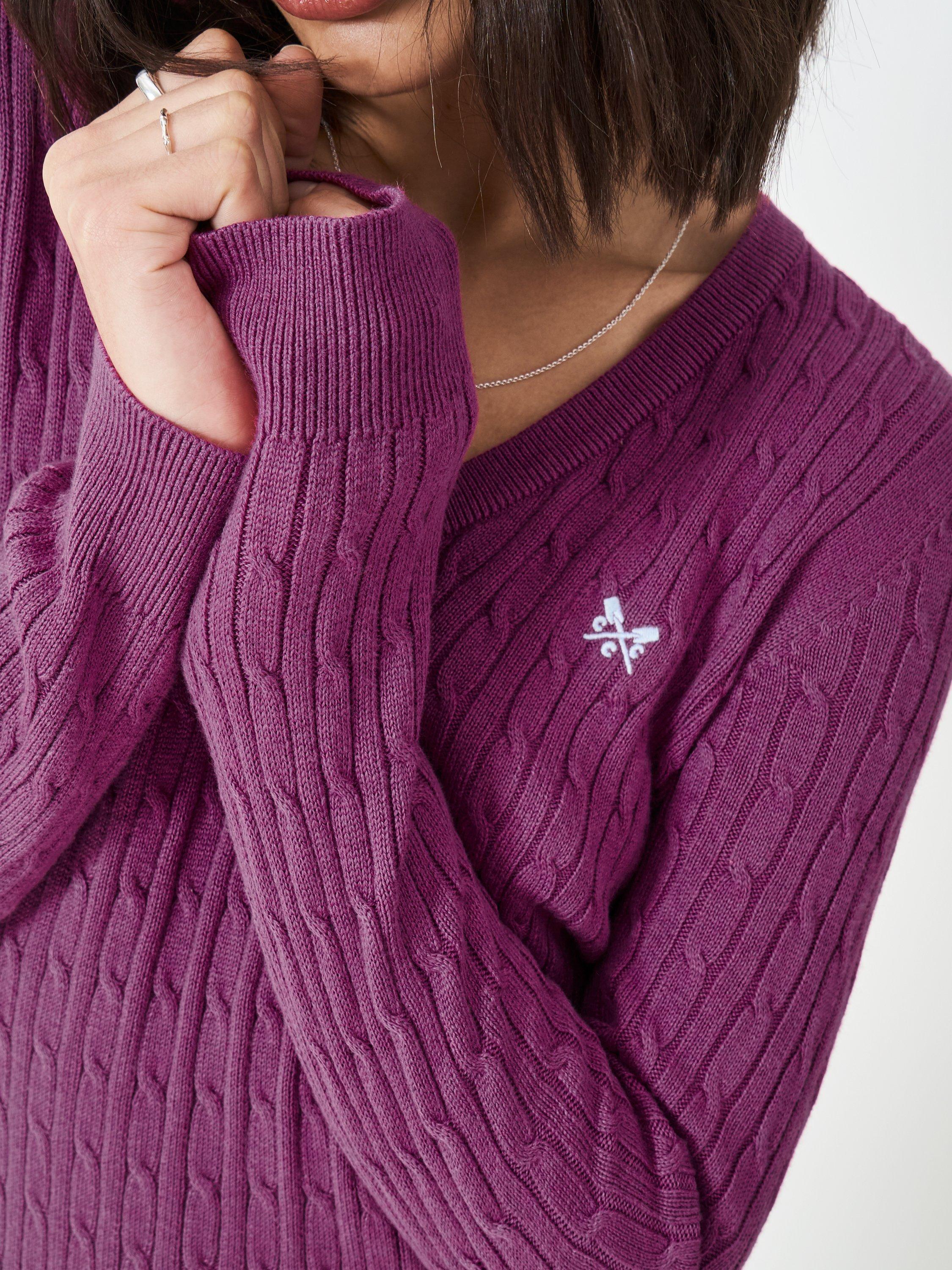 Product image 4 of 5, which shows Crew Clothing Cotton Cashmere V-Neck Cable Jumper, Red Wine, 6