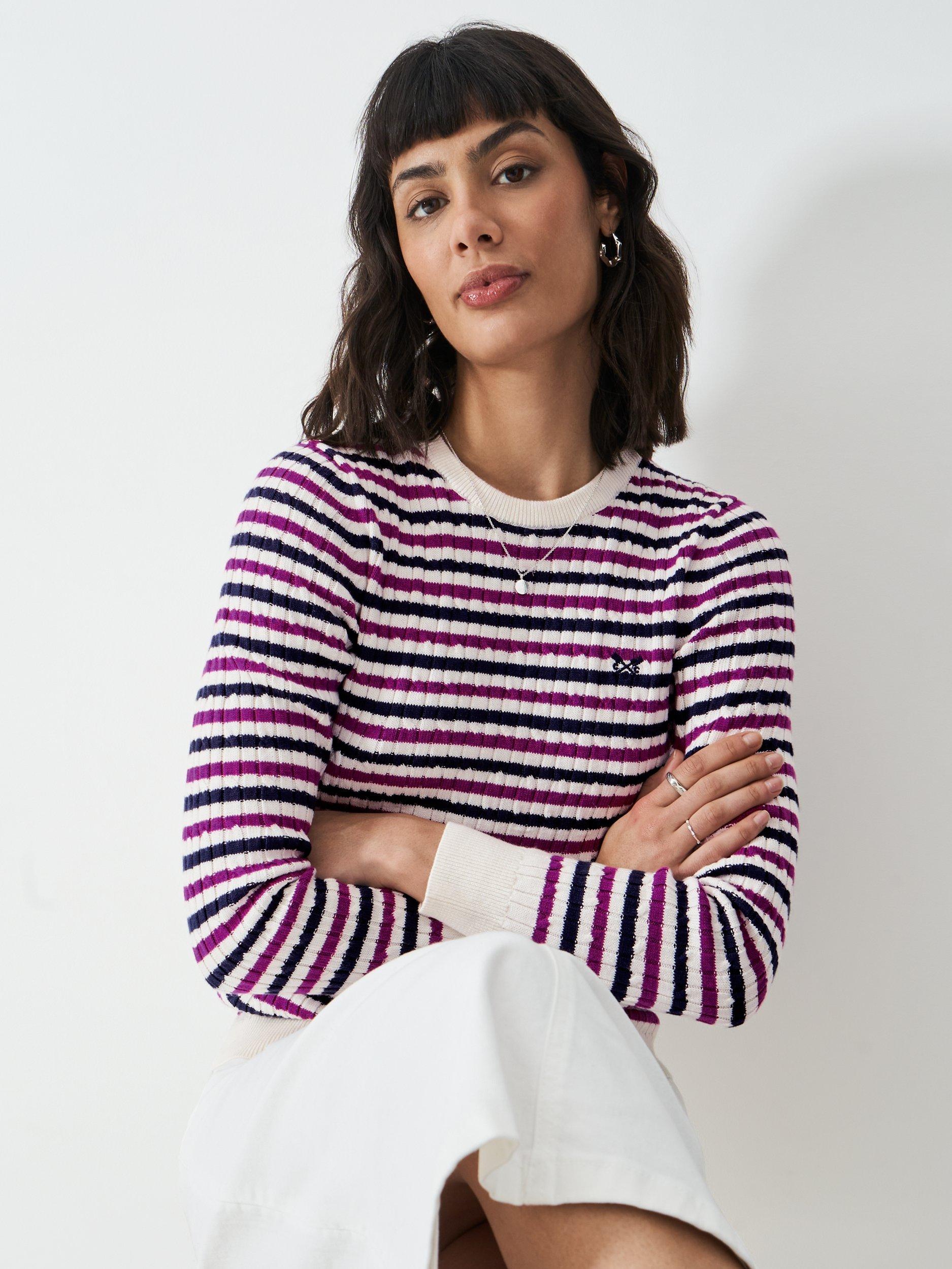 Product image 1 of 5, which shows Crew Clothing Heritage Stripe Cable Knit Jumper, White, 6