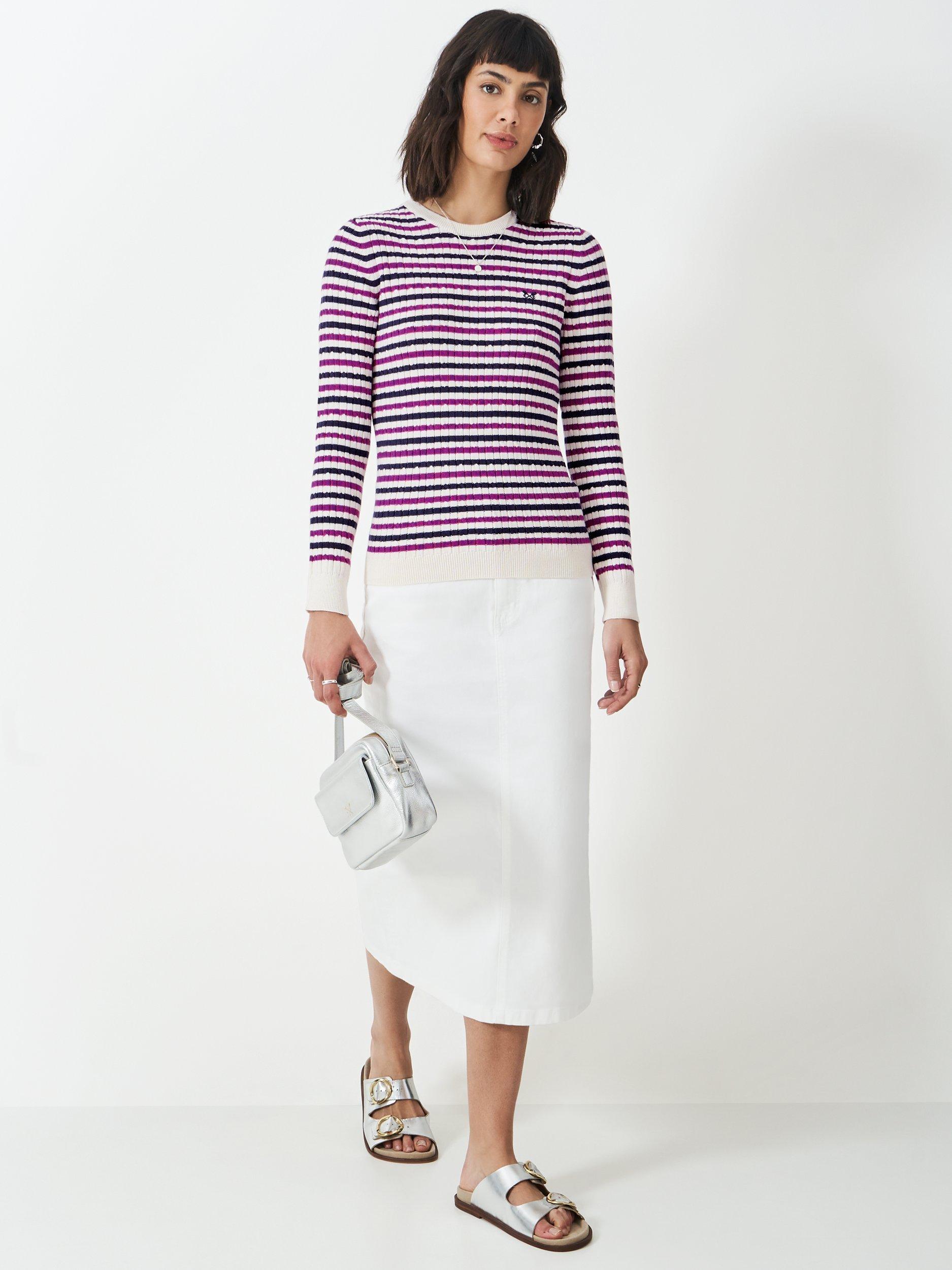 Product image 2 of 5, which shows Crew Clothing Heritage Stripe Cable Knit Jumper, White, 6