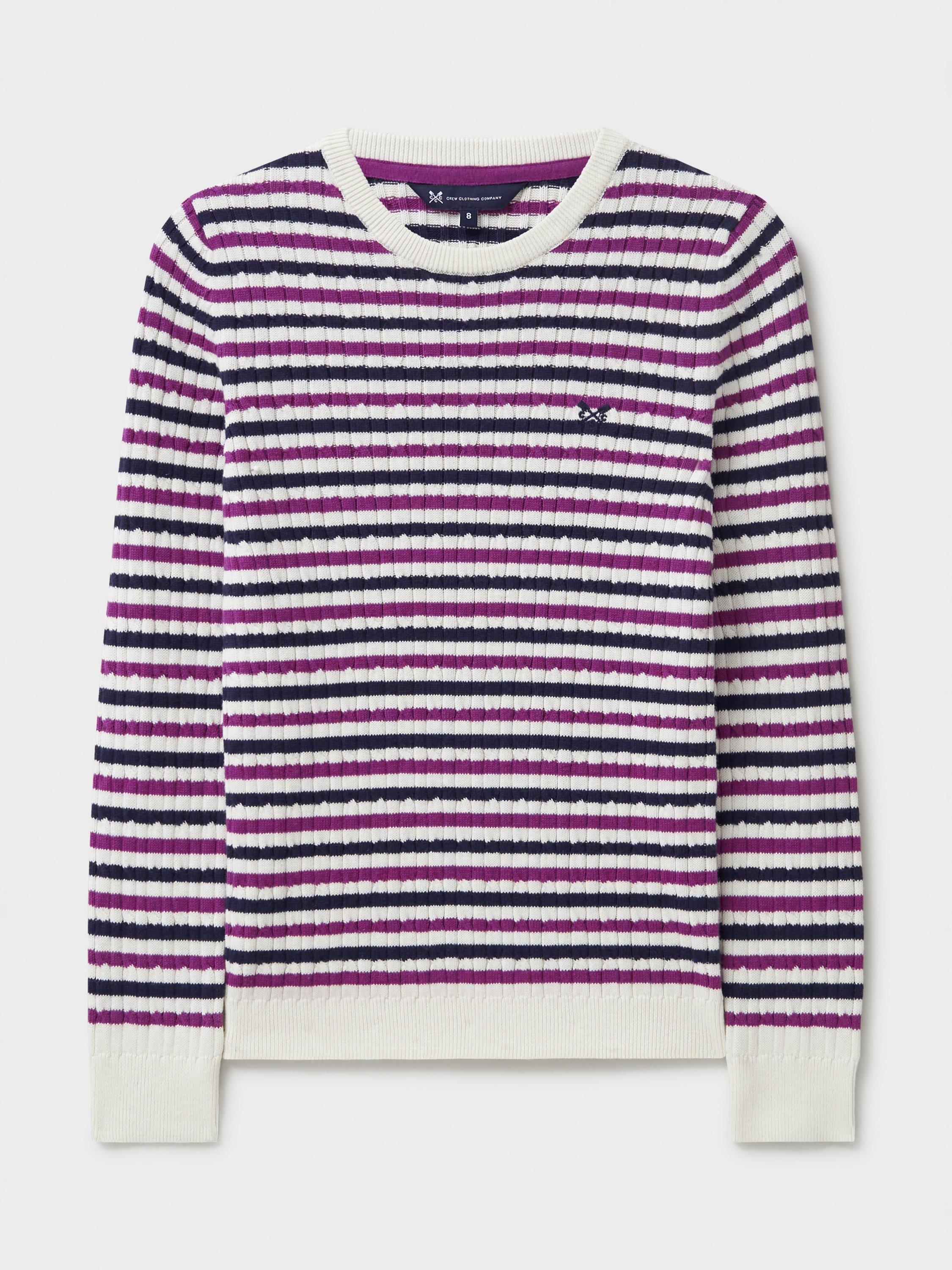 Product image 5 of 5, which shows Crew Clothing Heritage Stripe Cable Knit Jumper, White, 6