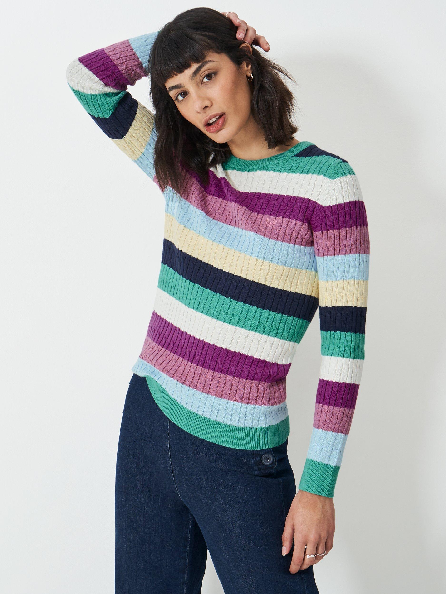 Product image 1 of 5, which shows Crew Clothing Heritage Cable Knit Stripe Jumper, Multi, 6