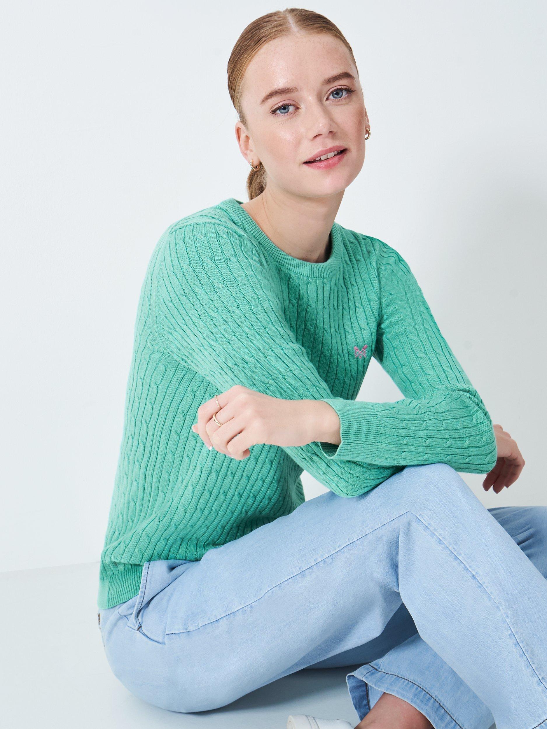 Product image 1 of 5, which shows Crew Clothing Heritage Cable Knit Jumper, Bottle Green, 6