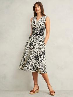 Hobbs Petite Teagan Botanical Pure Linen Dress, Ivory Navy, Ivory Navy
