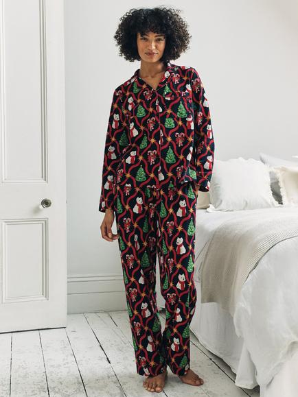 Chelsea Peers Christmas Westie Button Through Long Pyjama Set, Navy, Navy