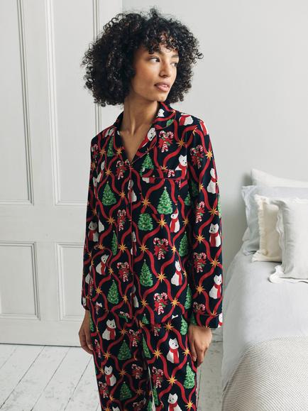 Chelsea Peers Christmas Westie Button Through Long Pyjama Set, Navy - view 2, Navy