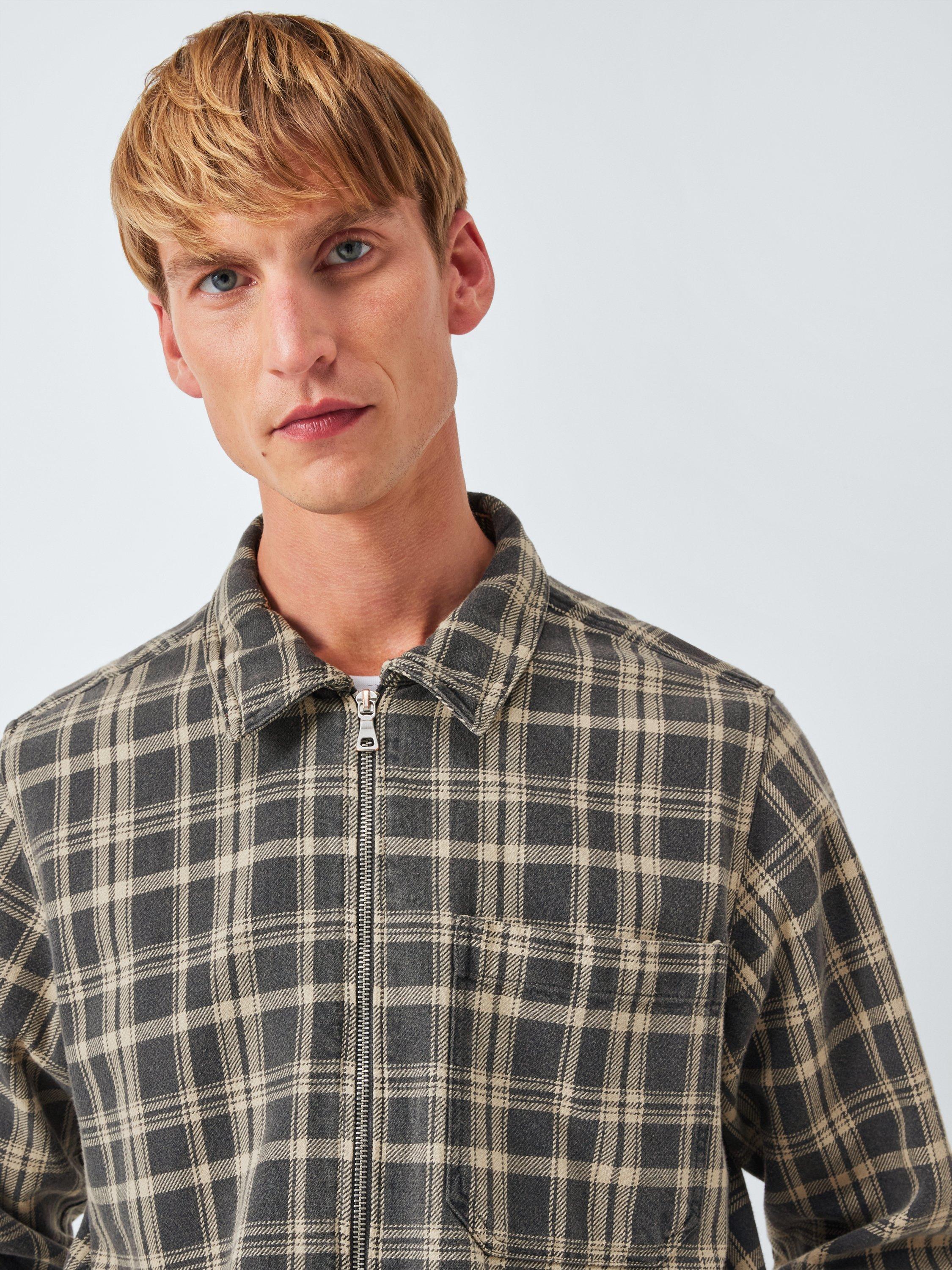 Product image 5 of 6, which shows John Lewis Zip Front Check Cotton Overshirt, Taupe, S