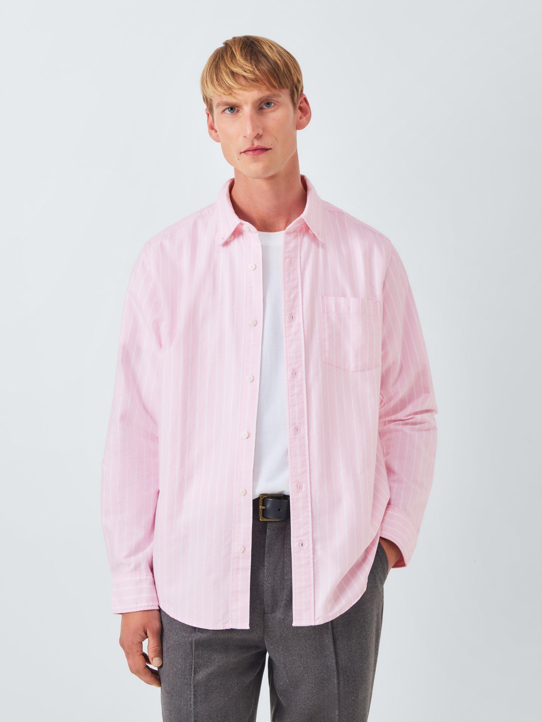 Product image 1 of 6, which shows John Lewis Regular Fit Button Down Collar Stripe Cotton Shirt, Pink, S
