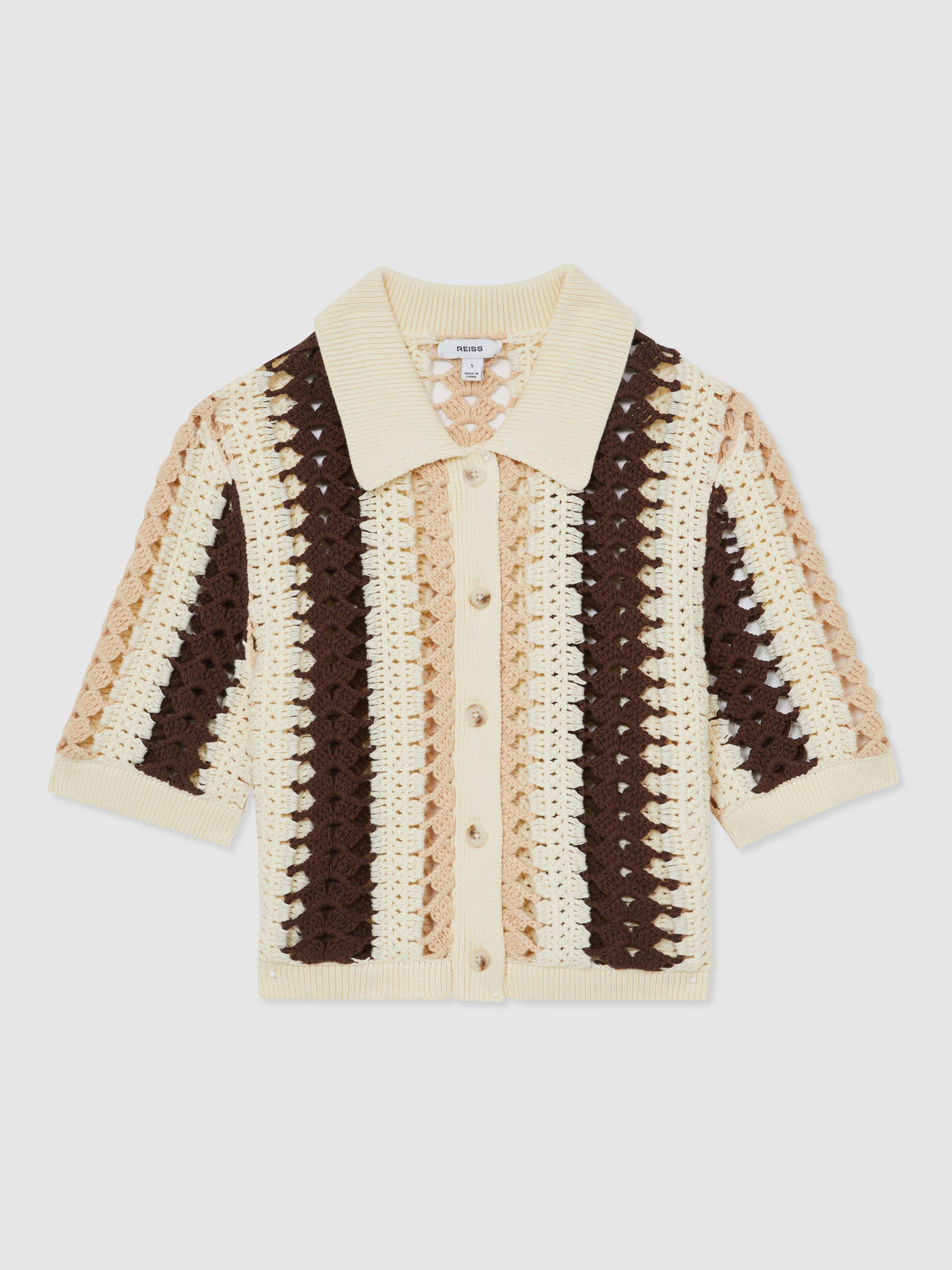 Product image 3 of 5, which shows Reiss Roni Crochet Stripe Shirt, Cream/Brown, S