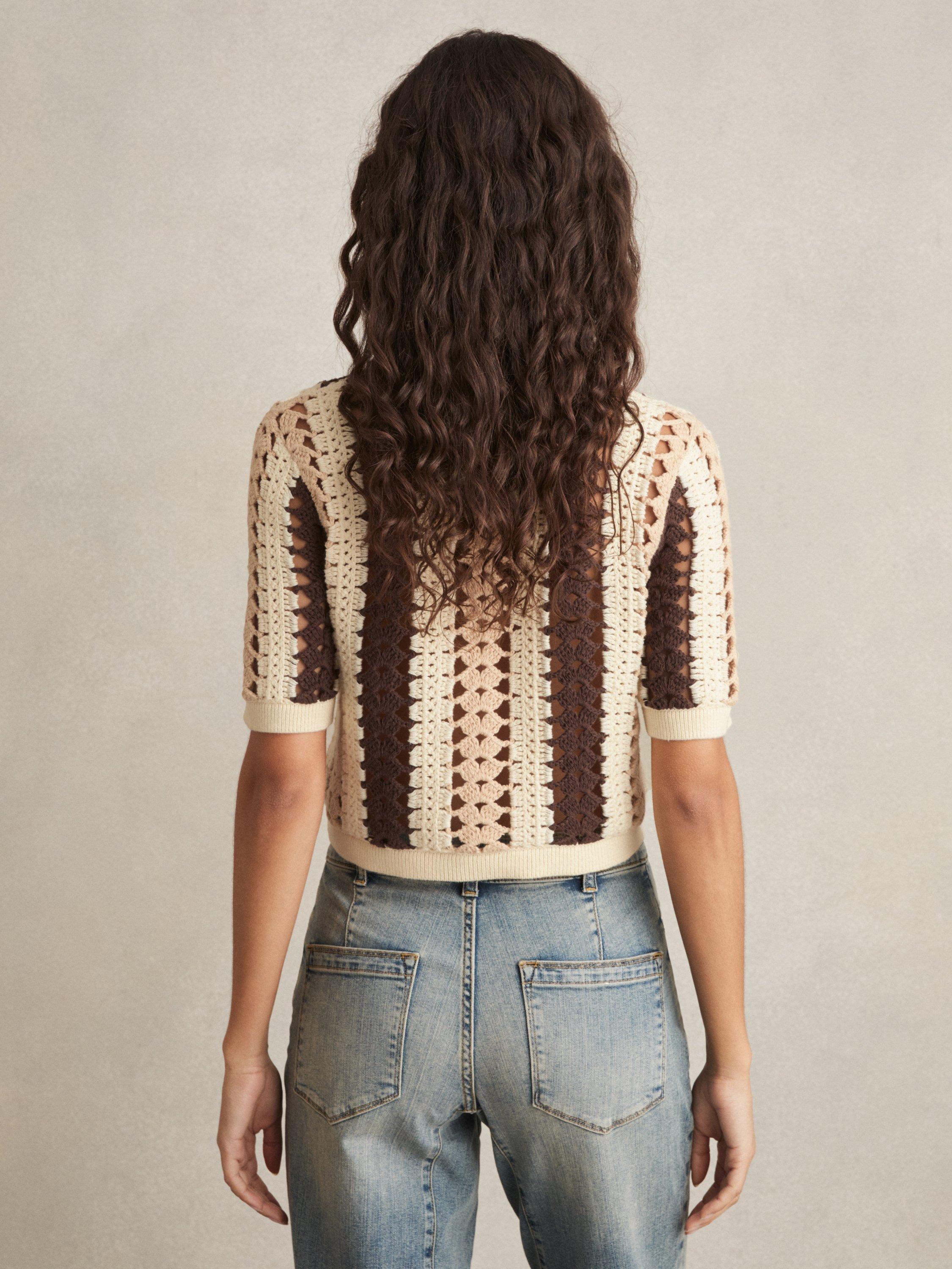 Product image 5 of 5, which shows Reiss Roni Crochet Stripe Shirt, Cream/Brown, S